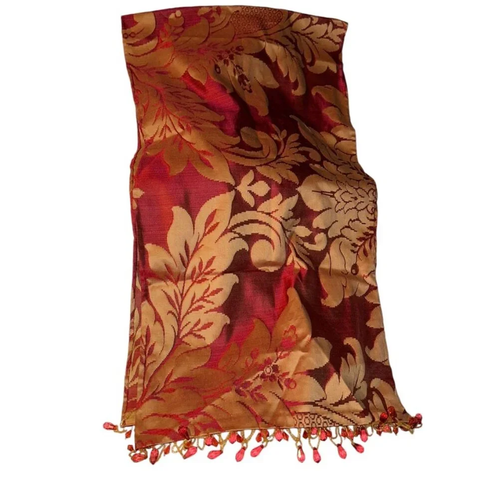red gold HOLIDAY beaded trim shawl scarf table runner Christmas 12 x 48